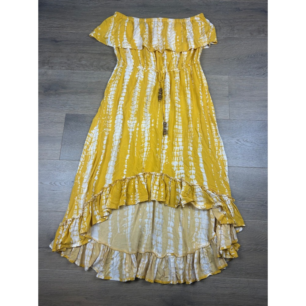 Blue Island Yellow Tie Dye Off Shoulder High Low Maxi Dress Small Boho Ruffle